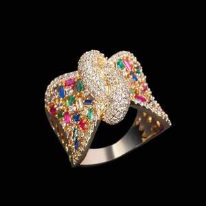 New Gorgeous Gold Tone with Multicolor Stones Bow Ring Size 7